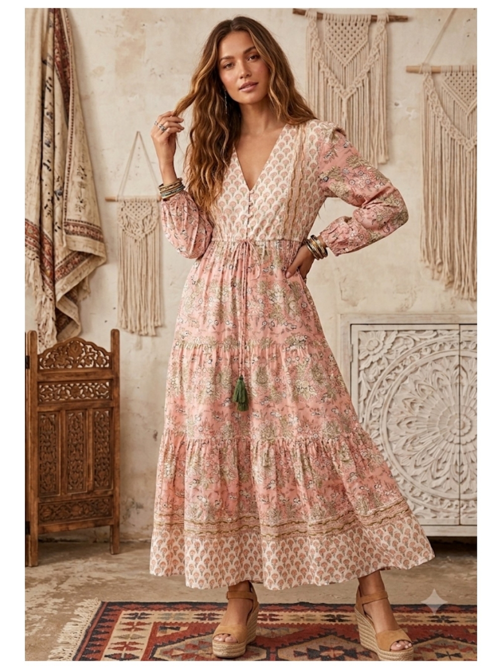 Women's Pink Floral Tiered Cinch Waist Maxi Dress with Tassel Drawstring